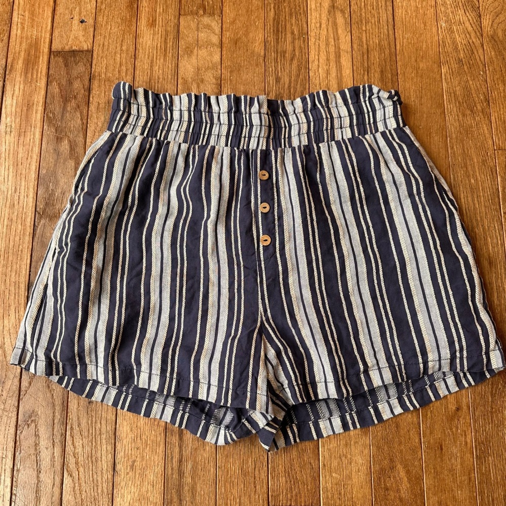 Fate Striped Shorts Womens Medium Linen Blend High Waist Blue Casual Summer